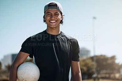 Buy stock photo Man, soccer ball or fitness on sports field, training center or exercise club and wellness goals, health target or winner mindset. Portrait, smile or happy football coach or workout personal trainer