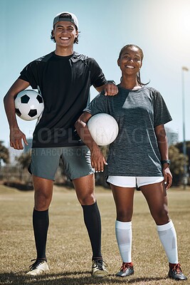 Buy stock photo Friends, soccer and fitness, soccer field and soccer player together for workout and sport training outdoor portrait. Black woman, Mexican man and soccer ball, sports motivation and team in game.