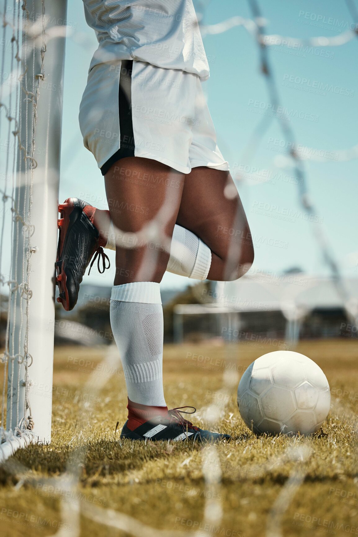 Buy stock photo Soccer player, ball and athlete standing outdoor for training for a game on sports field practice for goal, motivation and energy. Football, fitness and athlete woman with sport skill for competition