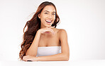 Hair, skincare and studio woman in portrait for beauty salon, cosmetics and natural makeup marketing, advertising and promotion mockup. Happy woman model with haircare, smile on face and dermatology