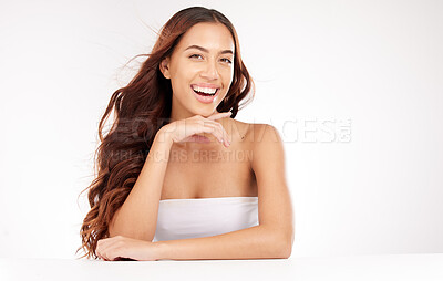 Buy stock photo Hair, skincare and studio woman in portrait for beauty salon, cosmetics and natural makeup marketing, advertising and promotion mockup. Happy woman model with haircare, smile on face and dermatology