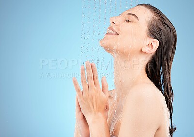 Buy stock photo Shower, beauty and woman in studio with water drops for cosmetics, makeup and body cleaning on marketing or advertising space. Happy, young and calm model in bathroom for facial wash and dermatology