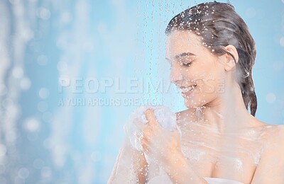 Buy stock photo Woman, shower and cleaning body with sponge for skincare hygiene, body wellness and happy in studio. Cosmetics beauty, model washing and relax morning routine with water  and soap for body care 
