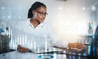 Buy stock photo Stock market graphic, black woman and ecommerce finance employee working on crypto and big data. Trading, online invest strategy and fintech worker with trader overlay of information technology