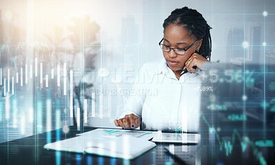 Buy stock photo Finance, overlay or black woman with calculator for stock market, cryptocurrency or forex investment strategy. Financial, holographic or focused trader trading or working on data analysis paperwork 