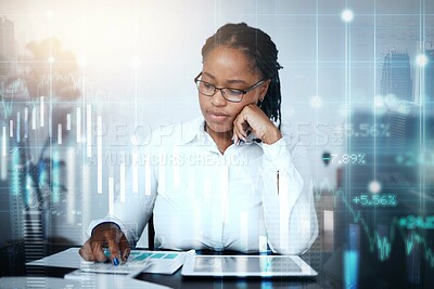 Buy stock photo Hologram, black woman and tablet for finance, futuristic trading and investment. Digital, financial advisor and African American female with fintech, trader and budget growth for wealth and savings.