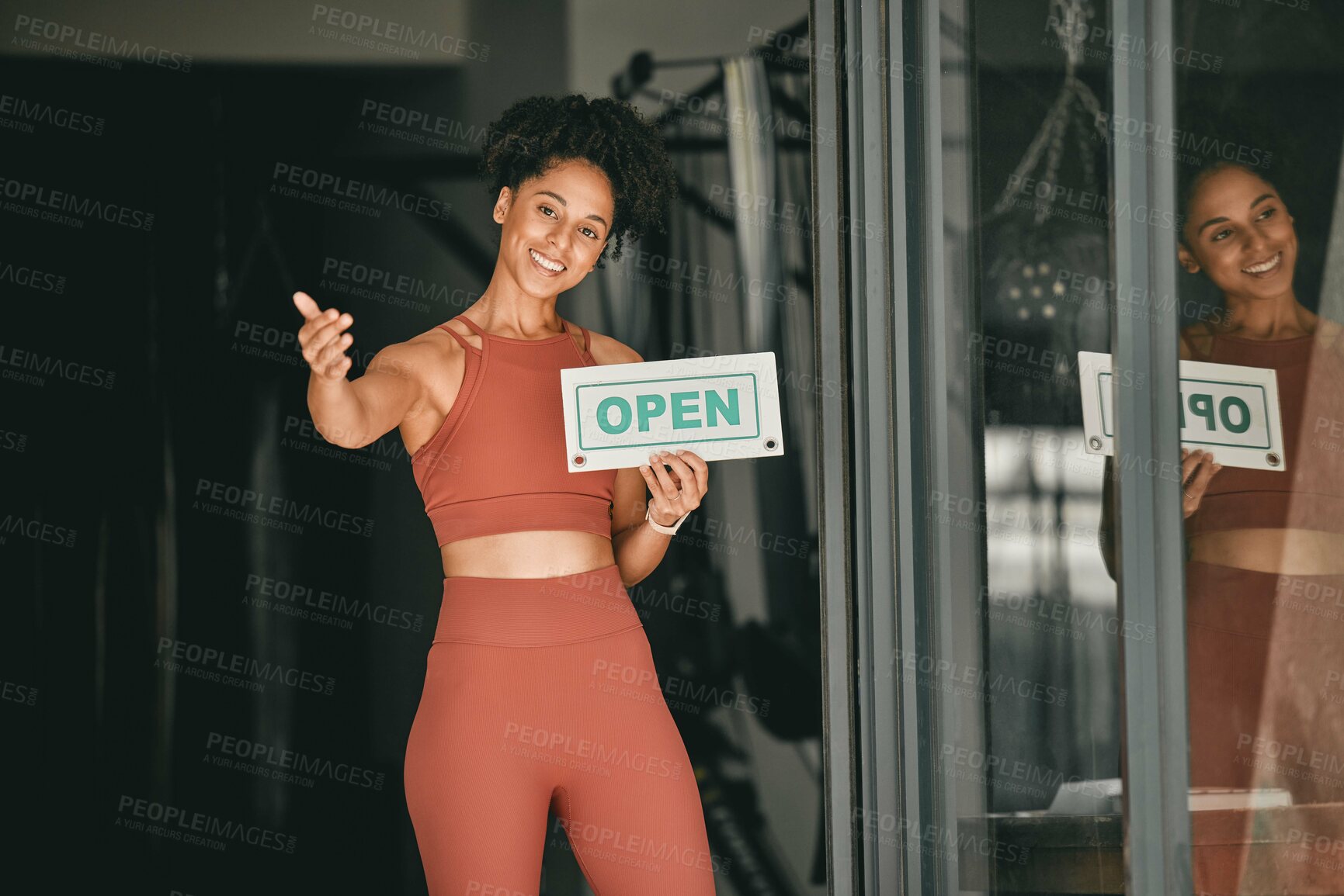 Buy stock photo Black woman, welcome and gym owner with open sign for fitness or coaching exercise. Portrait of African American female, sports entrepreneur and training manager or personal trainer at entrance