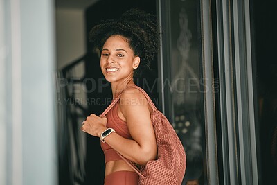 Buy stock photo Fitness, backpack and portrait of black woman in gym for workout, exercise and health. Training, wellness and sports with girl athlete and bag for cardio, endurance and stamina goal lifestyle