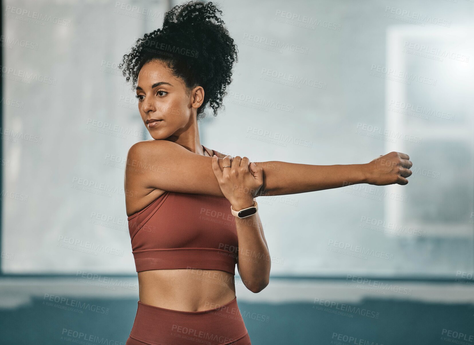 Buy stock photo Black woman, stretching arms and fitness exercise for cardio training. wellness workout and mindset motivation. African athlete, runner warm up ready and body stretch routine in sports health gym 