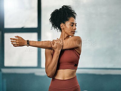 Buy stock photo Fitness, black woman or girl in gym stretching arms to warm up body or relax muscles for workout exercise. Wellness, focus or healthy sports athlete ready to start training or exercising in Atlanta