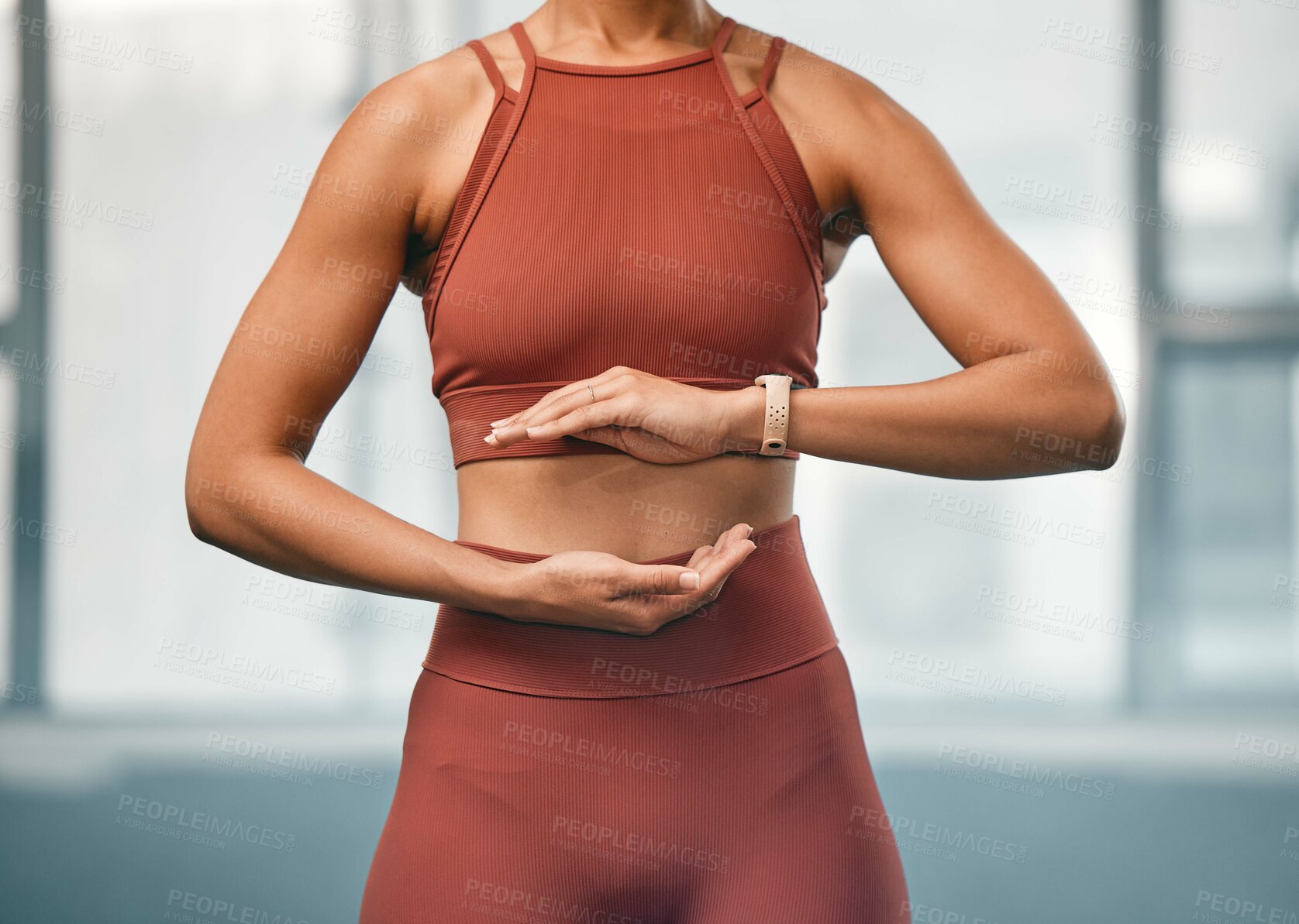 Buy stock photo Fitness, woman and hands in spiritual tai chi training, exercise or yoga for healthy mind and body at the gym. Female holding ball of energy in practice for healing, chakra or balance for wellness