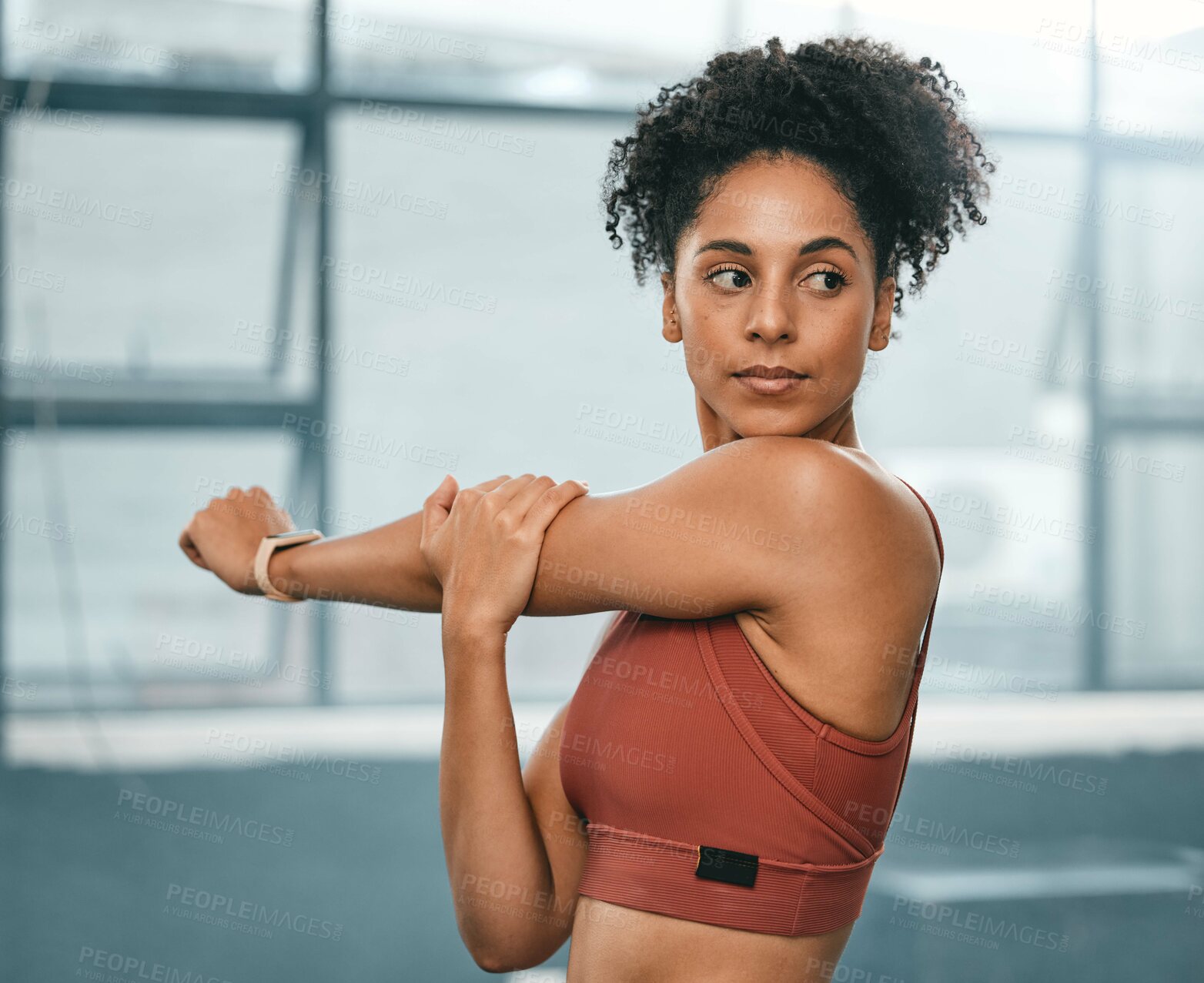 Buy stock photo Black woman, thinking and exercise stretching arms for fitness workout, wellness training or cardio runner lifestyle. African athlete, healthy warm up motivation and mindset vision in sports gym 