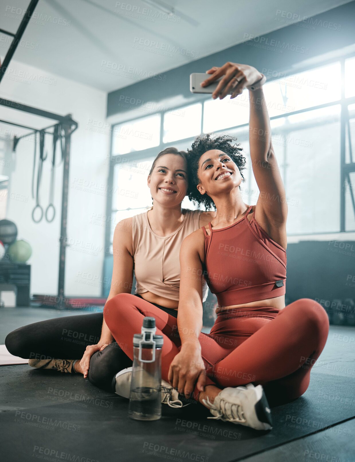 Buy stock photo Friends, selfie and fitness with women in gym for workout, social media and wellness blog. Exercise, training and health with girl athlete and phone for online post, internet and sports picture