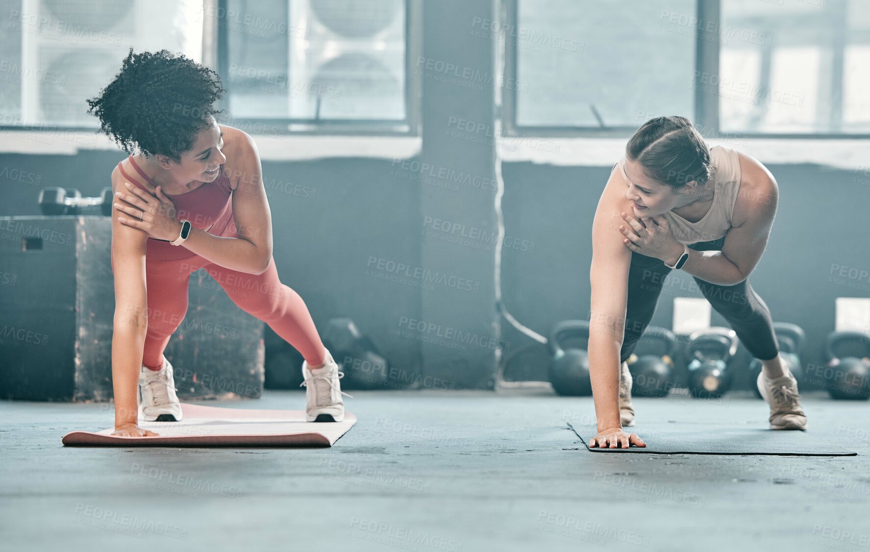 Buy stock photo Gym floor, health and training woman doing arm plank exercise, performance workout or core muscle building. Body self care, commitment and wellness for team, people or friends fitness class ground