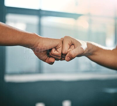 Buy stock photo Fitness, motivation or hands fist bump at gym in a workout exercises or training with team work. Partnership, success or healthy sports people exercising together for growth, support or collaboration