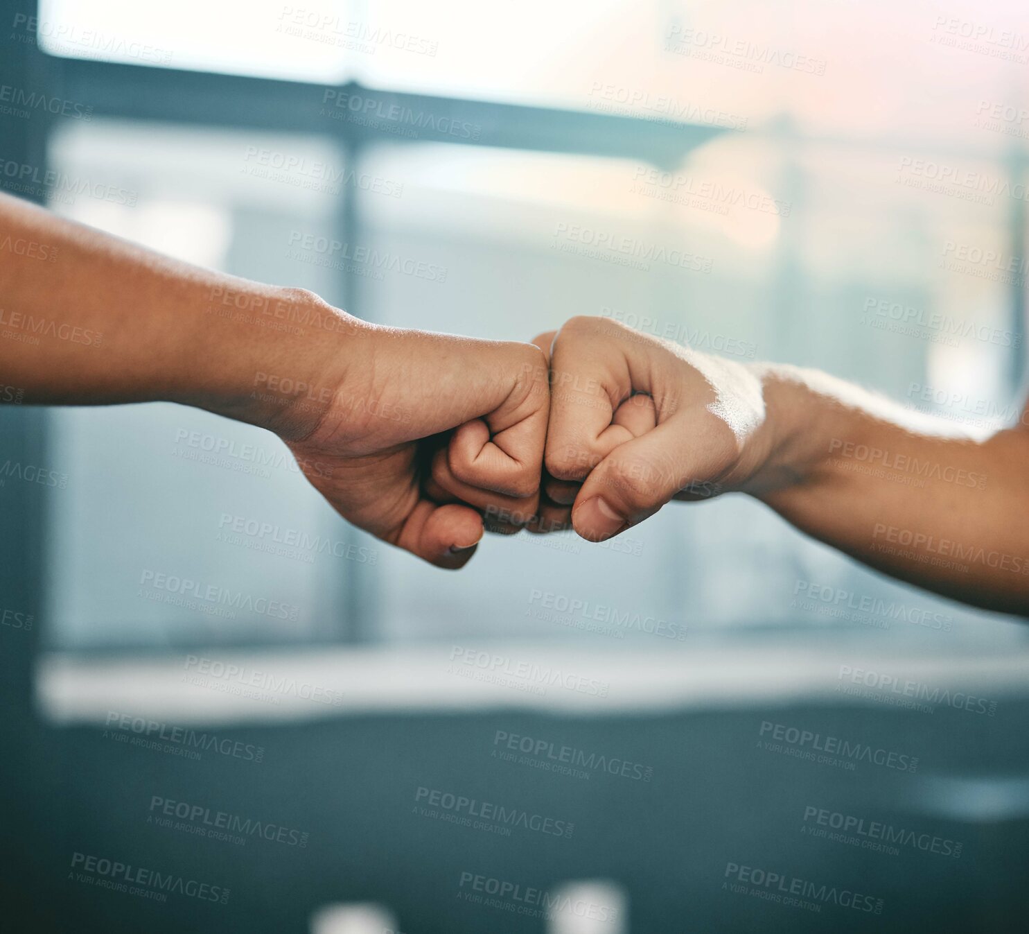 Buy stock photo Fitness, motivation or hands fist bump at gym in a workout exercises or training with team work. Partnership, success or healthy sports people exercising together for growth, support or collaboration