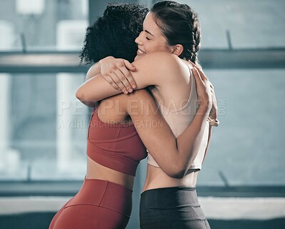 Buy stock photo Fitness, friends and hug with women in gym for happy, exercise and workout. Well done, congratulations and support with girl athlete training together for sports, mindset and wellness motivation