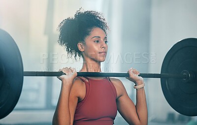 Buy stock photo Gym, barbell workout and black woman doing muscle fitness performance, strength training or bodybuilding. Strong exercise girl, body health or bodybuilder weightlifting for athlete wellness lifestyle