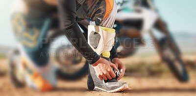 Buy stock photo Start, motorcycle and man tying laces in nature for adventure, holiday and race in the countryside. Road, travel and biker ready with shoes for a journey on a motorbike on a dirt road for freedom