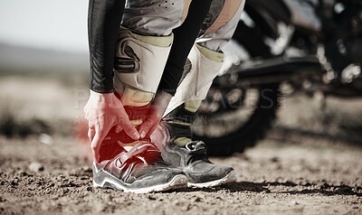 Buy stock photo Ankle, injury and motorcycle with the hands of a man holding his joint in pain while outdoor for a race. Sports, training or anatomy with a male athlete suffering an accident on a ride for recreation