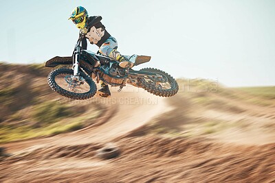 Buy stock photo Bike, motorcycle and offroad sports with motion blur, speed challenge and desert. Driver, cycling and air jump on dirt track, competition and motorbike performance on adventure course for fast action