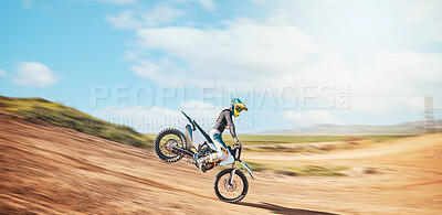 Buy stock photo Motorcross, offroad speed and sports on sky for freedom, action or fearless driving. Driver, cycling and power on dirt track, motorcycle competition and motorbike performance on fast adventure course