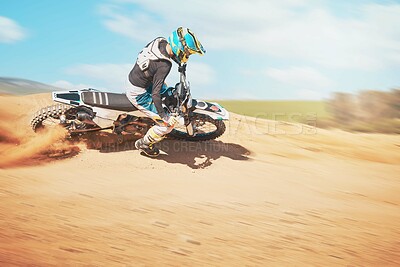 Buy stock photo Motorcross, offroad trail and sports for freedom, action or fearless driving. Driver, cycling man and power on dirt track, motorcycle competition and motorbike performance on sand adventure course 