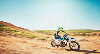 Buy stock photo Motorbike, motorsports and speed on dunes with power, sky mockup and offroad path. Driver, motorcycle and travel on dirt track, sand and adventure course for fast action, freedom or rally performance