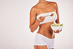 Salad, beauty and body of woman isolated on a white background diet, lose weight and healthy food promotion. Green vegetables, fitness and model person in underwear for detox results in studio mockup