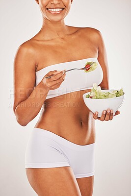 Buy stock photo Salad, happy and body of woman isolated on a white background diet, lose weight and healthy food promotion. Green vegetables, fitness and model person in underwear for detox beauty in studio mockup