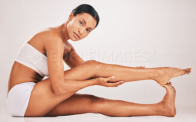 Buy stock photo Body, legs and portrait of black woman for health and wellness in studio for skincare epilation and self care. Underwear model person on grey background for healthy diet, hair removal and spa results