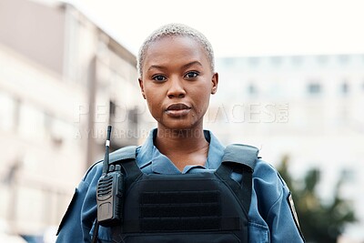 Buy stock photo Portrait, police or black woman in city for law enforcement, community protection or legal street safety. Cop, supervisor or serious female security guard on patrol in urban town for crime or justice