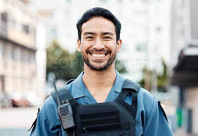 Buy stock photo Portrait, happy or policeman in city for law enforcement, community protection or street safety. Face of cop, supervisor or proud Asian security guard on patrol in urban town for crime or justice