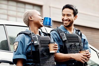 Buy stock photo Car, coffee or police partner in city for protection, law enforcement or crime on a break together. Lunch, funny policeman or happy woman security guard laughing or standing for justice or teamwork