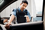 Portrait, drivers license or police officer in city to check info for law enforcement, protection or street safety. Cop, traffic stop or security guard on patrol in urban town for crime or justice
