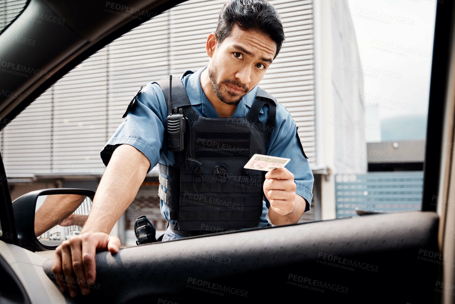 Buy stock photo Car, drivers license or police officer in city to check info for law enforcement, protection or street safety. Cop portrait, traffic stop or security guard on patrol in a town for crime or justice