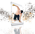 Tablet, fitness and man in martial arts on screen in studio isolated on a white background for virtual training. Sports, exercise or workout of male athlete, boxer or fight in self defense on display