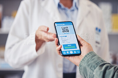 Buy stock photo Phone screen, doctor hands and QR code, test results or drugs, virus and mobile app for medical services. Healthcare pharmacist and patient for online certificate, monkeypox info or negative feedback