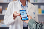 Pharmacist, customer and hands with phone, qr code or positive diagnosis of monkeypox virus at pharmacy. Closeup of medical worker and patient on mobile smartphone app for test results at drugstore
