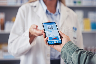Buy stock photo Pharmacist, customer and hands with phone, qr code or positive diagnosis of monkeypox virus at pharmacy. Closeup of medical worker and patient on mobile smartphone app for test results at drugstore