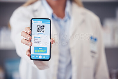 Buy stock photo Qr code, hand and phone screen for health results with an app for monkeypox safety. Healthcare, digital and a doctor with a mobile for a barcode for healthcare progress or to show information