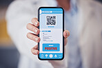Hand, healthcare and qr code on a phone screen for positive diagnosis of the monkeypox virus. Medical, app and test results on a mobile display in a clinic or pharmacy for feedback on a disease