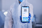 Phone screen, science hands and QR code, test results for drugs, virus and bacteria on medical mobile app in laboratory. Healthcare, scientist and online report, monkeypox info and negative feedback