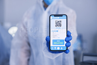 Buy stock photo Phone screen, science hands and QR code, test results for drugs, virus and bacteria on medical mobile app in laboratory. Healthcare, scientist and online report, monkeypox info and negative feedback