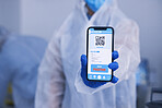 Phone screen, scientist hands and QR code, test results for drugs, virus and bacteria on medical mobile app in laboratory. Healthcare, science and online report, monkeypox info and positive feedback