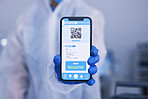 Hand, phone screen or qr code for monkeypox test results in science laboratory or healthcare hospital. Closeup, person or scientist and digital technology, virus or negative medical research feedback