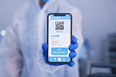 Buy stock photo Hand, phone screen or qr code for monkeypox test results in science laboratory or healthcare hospital. Closeup, person or scientist and digital technology, virus or negative medical research feedback