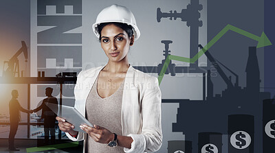 Buy stock photo Construction, tablet and portrait of woman with overlay for maintenance, building and logistics planning. Engineering business, architecture and person with helmet on digital tech for growth strategy