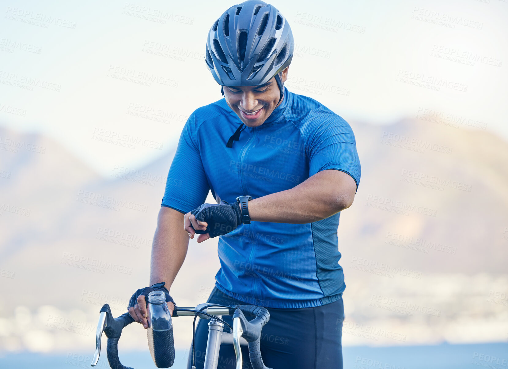 Buy stock photo Cycling, smart watch and fitness with man in nature for time, workout and health check. Heart rate, wellness and exercise with person and bike for challenge training, marathon and monitor app