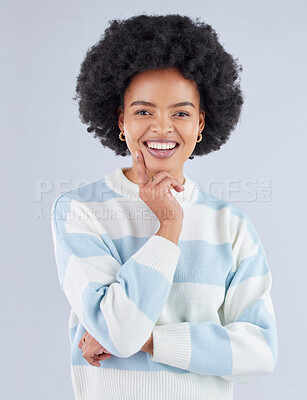 Buy stock photo Thinking, portrait and happy black woman in studio with choice, positive attitude and optimism on grey background. Idea, smile and face of African lady model with emoji expression for why or decision